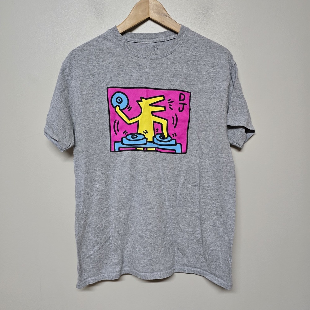 Keith Haring T-Shirt Adult Medium Gray Art DJ Dog Cartoon Graphic Short Sleeve